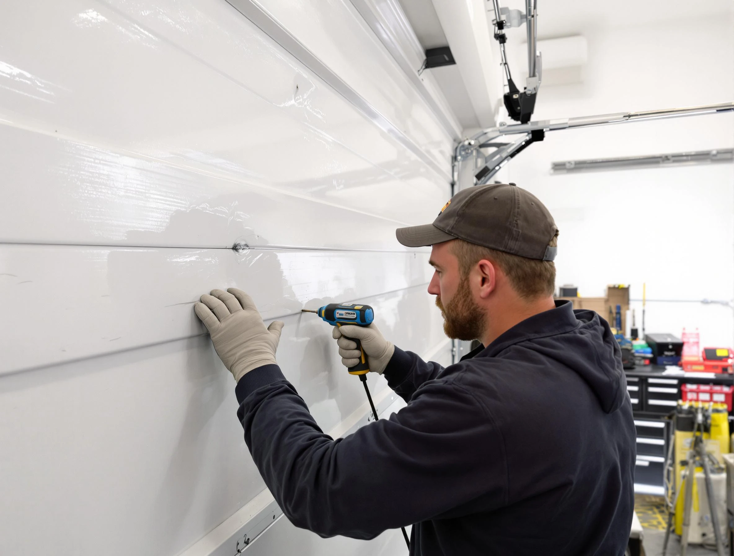Forest Hills Garage Door Repair technician demonstrating precision dent removal techniques on a Forest Hills garage door